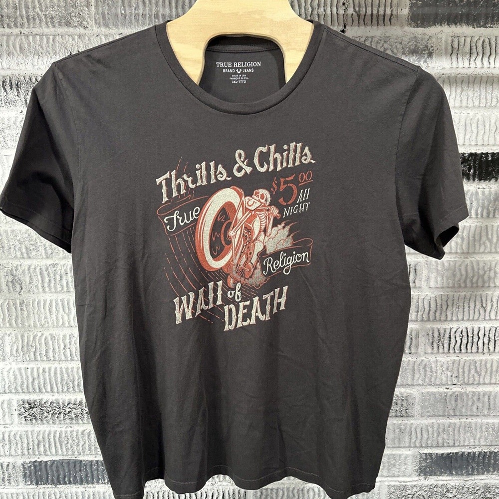 True Religion Graphic Tee Mens XL Gray Thrills Chills Moto Logo Cotton Crew Neck